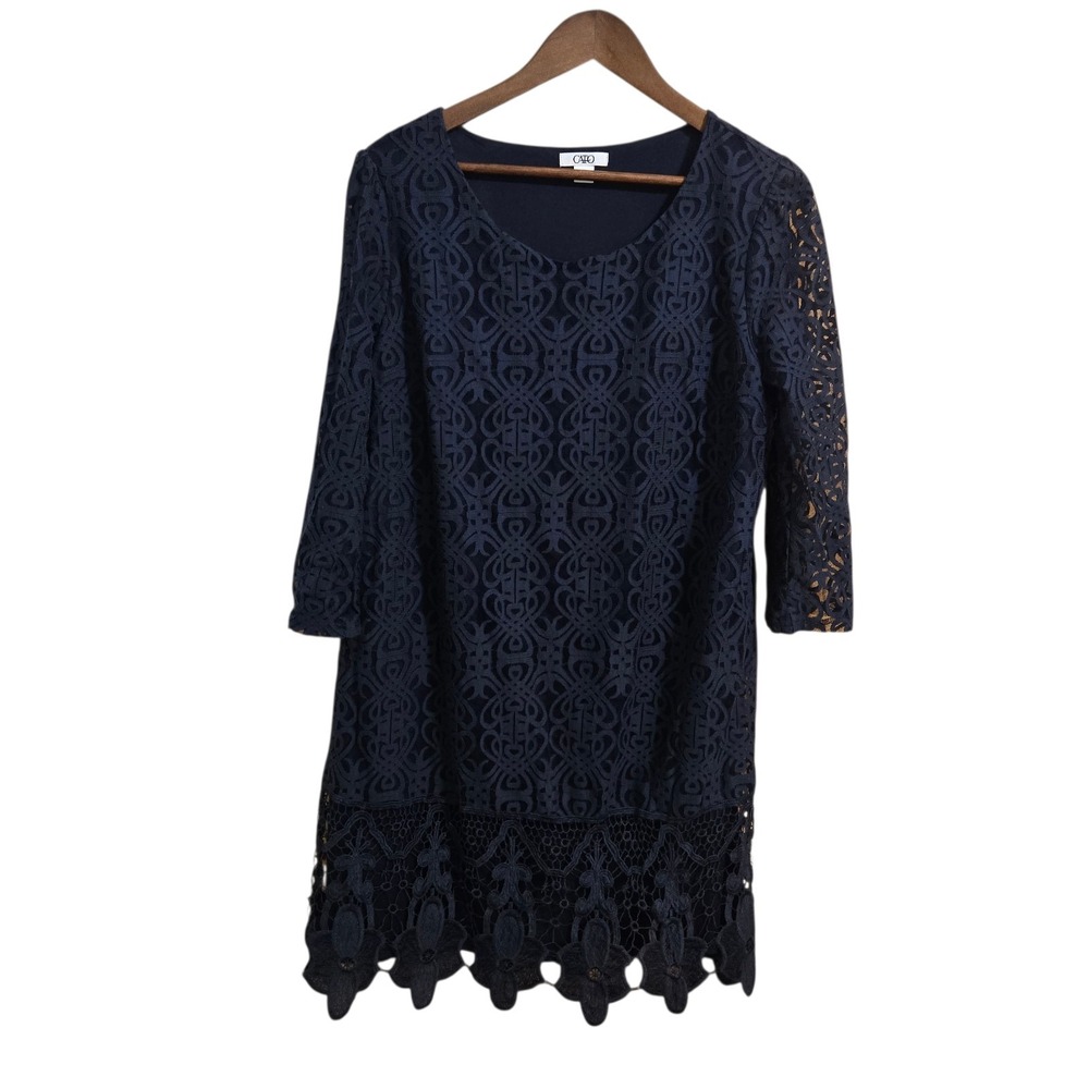 Cato Womes Dress Size 16 Lace Overlay 3/4 Sleeve Dark Blue Lined Knee Length